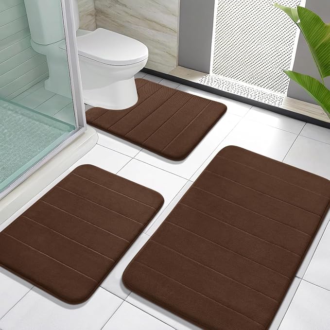 Yimobra Memory Foam Bath Mat Set 3 Pieces- Super Soft Absorbent Quick Dry Bathroom Rug Sets, Machine Washable Non Slip Floor Carpet for Tub Shower, Vanity & Toilet Base, Brown