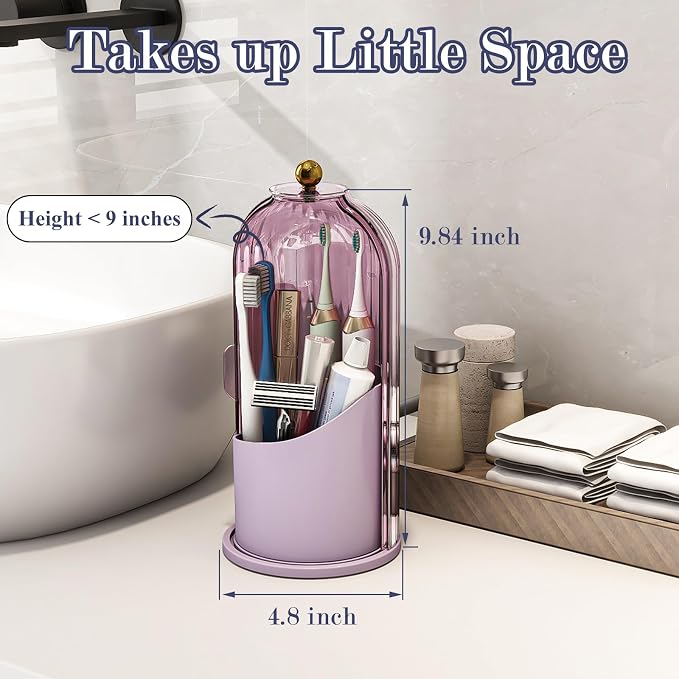 Toothbrush and Toothpaste Holders with Cover, All Pink | Waterproof and Dustproof, 360° Rotating Base, Smooth Sliding Door, 3 Slots, for Bathroom Countertop