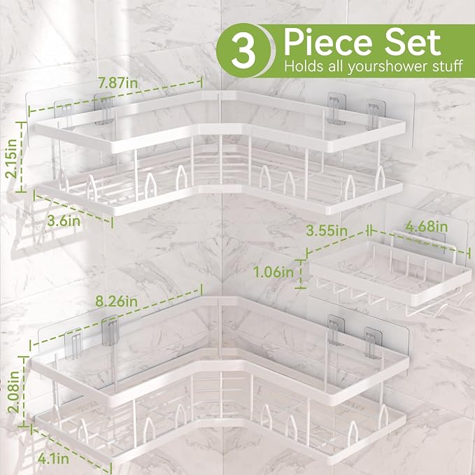 Shower Shelf Corner, Adhesive Shower Caddy Rustproof, Shower Shelves Corner with Soap Holder, No Drilling Shower Corner Organizer for Dorm, Renters Bathroom, White, 3 Pack