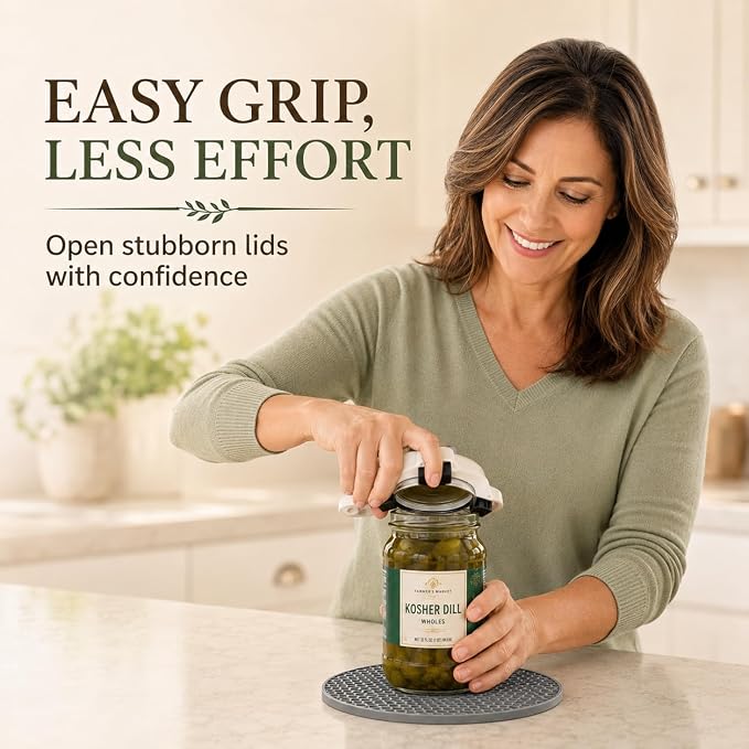 Jar Opener for Seniors with Arthritis, Easy Grip Adjustable Lid & Bottle Opener Set with Non-Slip Silicone Pad & Stainless Steel Hook, Grey