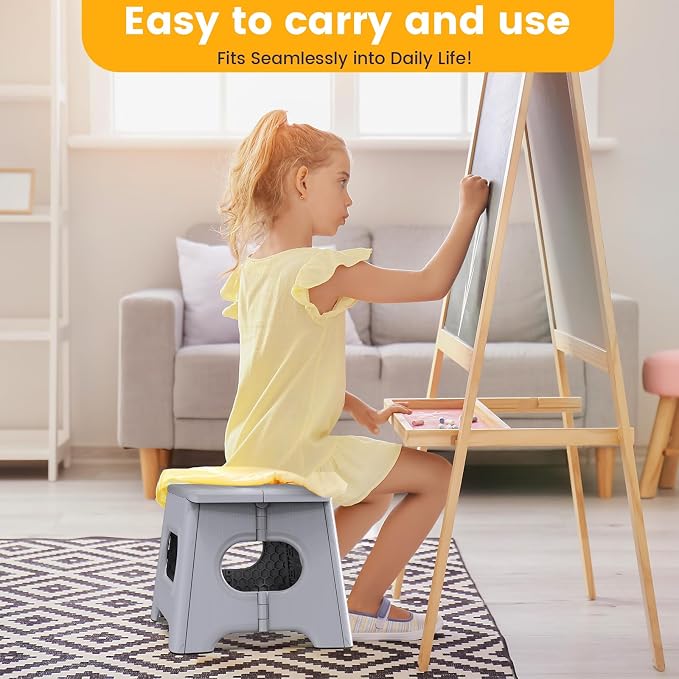 HBTower Folding Step Stool 9 Inch - Holds 600 lb, Non-Slip Surface & Carry Handle - Sturdy Step Stool for Kids, Toddlers & Adults - Compact Foldable Foot Stool for Kitchen, Bathroom, Bedroom(White)