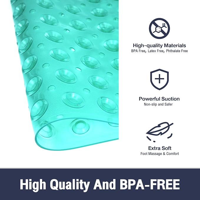 Extra Long Bathtub Mat Non Slip, Clear Green Soft Bath Mat for Tub 40 x 16 Inch Full Size, Bath Tub Shower Mats for Bathroom Floor, Big Suction Cups and Drain Holes, Easy Washable, BPA Free