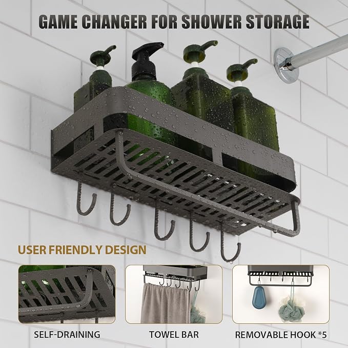 Extended version Adhesive Shower Caddy, 15.7 inch Stainless Steel Shower Shelves for Inside Shower with Hooks & Towel Bar-No Drilling(Gun Gray)