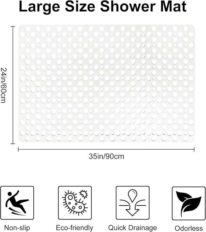 Non Slip Shower Mat with Suction Cups, 23.6x35.4 Inch Quick Drain TPE Anti Slip Shower Mats for Inside Shower, Large Bath Mat for Shower Soft on Feet, Easy to Dry&Cut Machine Washable