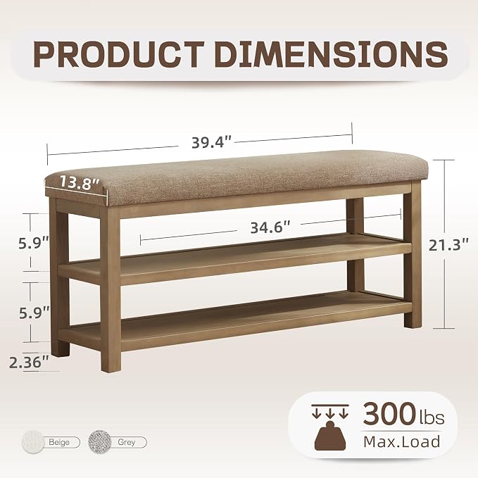 Zihanhome 2 Tier Shoe Rack Bench with Cushion, Solid Wood Shoe Benches, Mid-Century Modern Shoe Storage Bench for Entryway, Hallway, Living Room, Closet, Front Door Entrance, (Brown, 39.4")