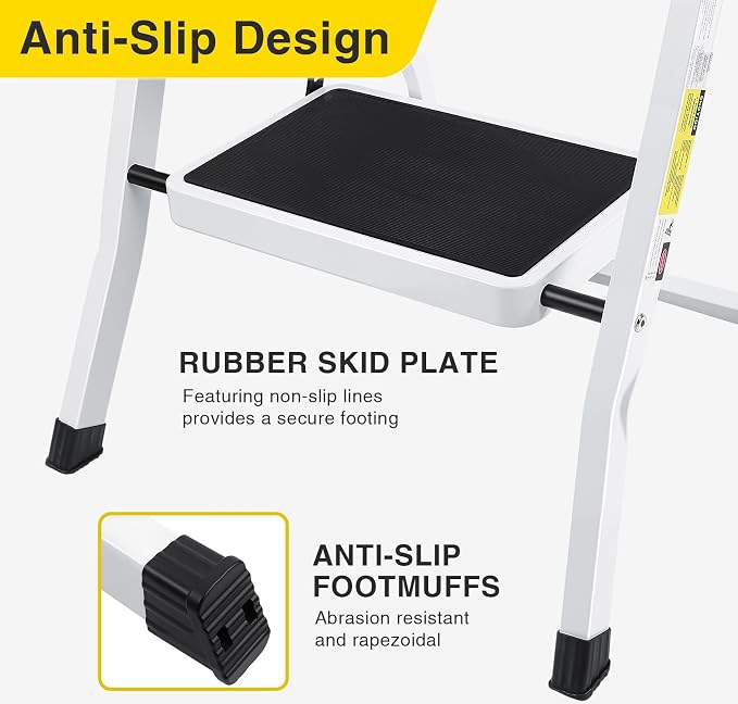2 Step Stool, Folding Step Stool - Capacity with Wide Anti-Slip Pedal, Portable Steps Stool for Adults Multi-Use for Household, Kitchen, Office (Matte White)