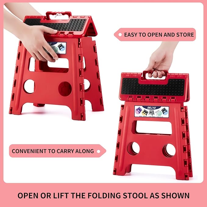 Delxo Folding Step Stool, 13 inch Non-Slip Foldable Stools Up to 300 LBS, Step Stool with Handle, Lightweight for Kitchen, Bathroom, Bedroom, Garden, Dotted Texture, Red,1PC