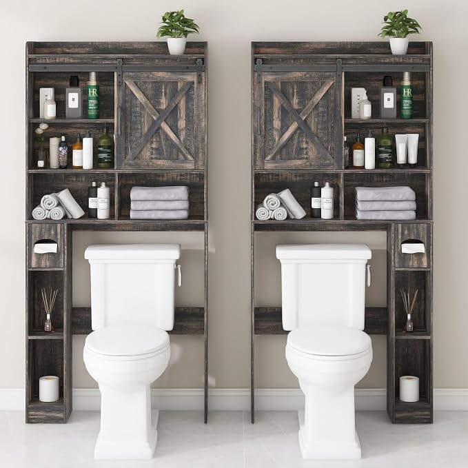 Vabches Over The Toilet Storage Cabinet, Farmhouse Storage Cabinet Over Toilet with Sliding Doors & Toilet Paper Holder Stand，Home Space-Saving Toilet Rack, for Bathroom, Laundry(Dark Grey)