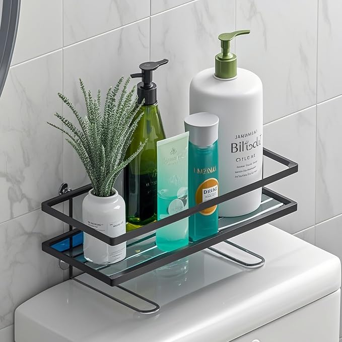 PowerKing Over The Toilet Storage Shelf, Bathroom Organizer Rack with 2 Hooks, No-Drill, Rust-Resistant Steel, Toilet Paper Holder for Restroom Bathroom, Black