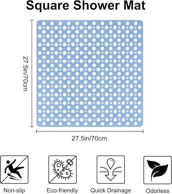 Anti Slip Shower Mat with Suction Cups,27x27 Inch Quick Drain TPE Non Slip Shower Mats for Inside Shower,Large Bath Mat for Shower Soft on Feet, Easy to Dry&Cut Machine Washable