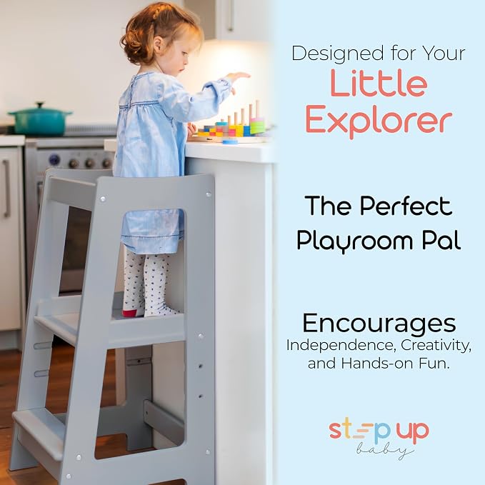 Stepup Baby Toddler Standing Tower - 3 Level Adjustable Wooden Kitchen Step Stool, Bathroom Sink, Kitchen Counter, Kids 18 Months to 4 Years Gift - Gray