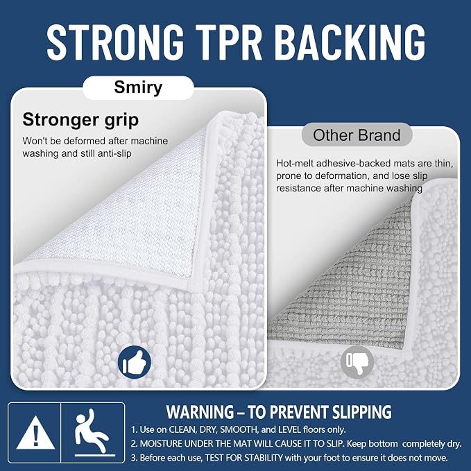 Smiry Bathroom Rugs Mat 48x32, Extra Soft Absorbent Chenille Bath Rugs, Non Slip Rubber Backing Machine Washable Quick Dry Bath Mats for Bathroom Floor, Tub, Shower, Home Decor Accessories, White