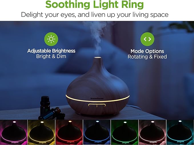 InnoGear Aromatherapy Diffuser & 10 Essential Oils Set, 400ml Diffuser Ultrasonic Diffusers for Home Cool Mist Humidifier with 4 Timers 7 Colors Light Waterless Auto Off, Yellow Wood Grain