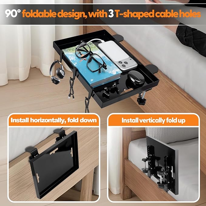 Bunk Bed Shelf, Dorm Bed Shelf, Foldable Bedside Shelfs, Bedshelfie, Heavy Duty Metal Floating Nightstand Beds Tray Table Tray Organizer Tray with 3 Cord Hole(Black)