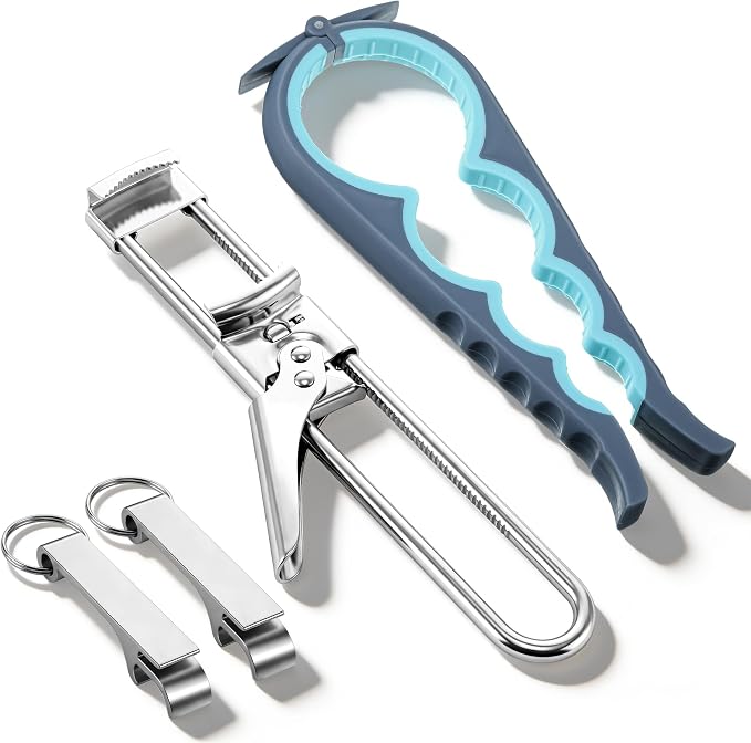 Jar Openers for Weak Hands, 4 Piece Kitchen Opening Set with 5 in 1 Bottle Opener, Adjustable Stainless Steel Jar Opener and 2 Keychain Bottle Openers, Easy Grip Solution for Seniors & Arthritis