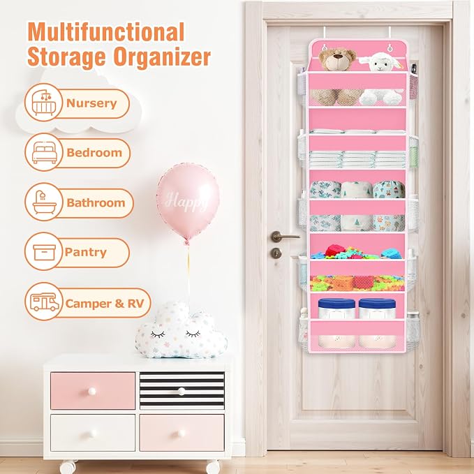 WISELIFE Over The Door Organizer - 5 Shelves Large Capacity Hanging Bedroom Storage Solution with Side Pockets for Dorm Bathroom Pantry Nursery and Baby Essentials Holds up to 40 Lbs (Pink)