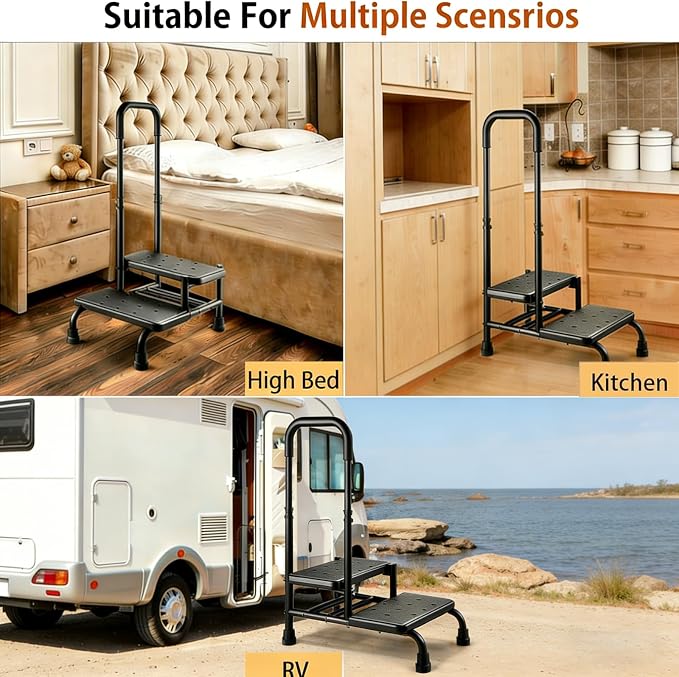 Step Stool with Handle, Non Slip Platform and Adjustable Handrail, Two Step Stool for Ederly, Adults and Handicap, Heavy Duty Foot Stool for High beds, Kitchen, Bathtub