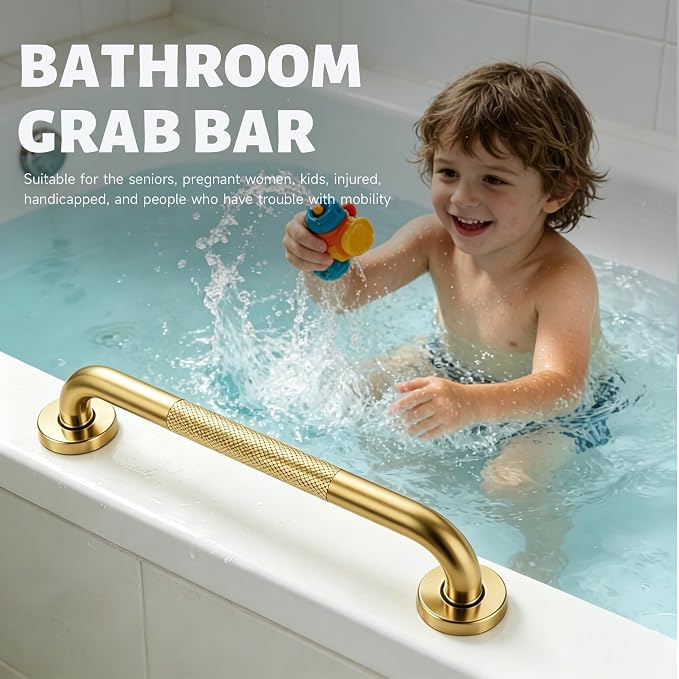 12 Inch Shower Grab Bar 1.25" Dia, 2 Pack Gold Anti Slip Bathroom Grab Bar, 304 Stainless Steel Knurled Handicap Grab Bars, Safety Support Handrail,Bath Shower Handle for Elderly Injury Senior
