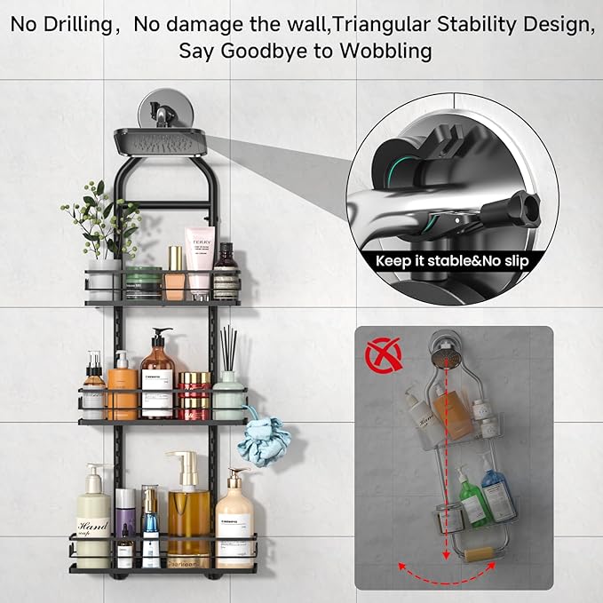 3 Tier Hanging Shower Head Caddy, Adjustable Hanging Shower Caddy Over Showerhead, No Drilling Handing Racks Rustproof for Bathroom Shampoo Soap Storage