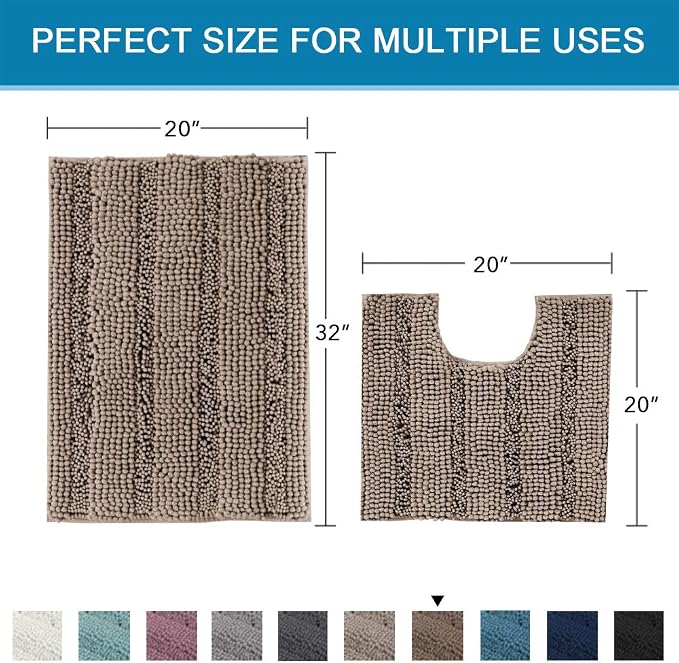 H.VERSAILTEX Bathroom Rugs Bath Rug Set 2 Piece Bathroom Contour Rug Toilet Mat Sets Non Slip Contour Bath Rug Ultra Thick Water Absorbent Striped Bath Mats(20" x 32" Plus 20" x 20" U, Taupe Brown)