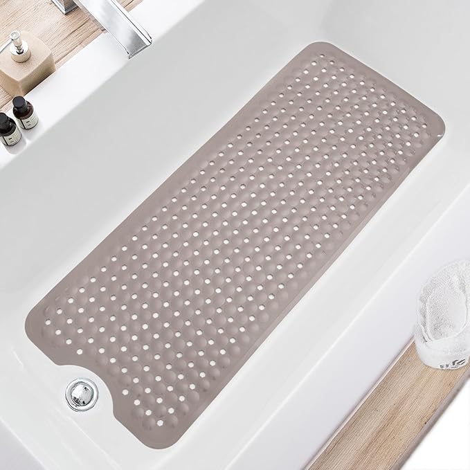 TEESHLY Bath Tub and Shower Mats, Non Slip 40 x 16 Inch Extra Long Bathtub Mat, Machine Washable Bathmat with Drain Holes, Suction Cups for Bathroom Floor, Tan