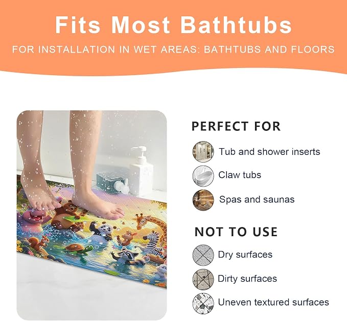 XIYUNTE Upgrade Baby Bath Mat Non Slip - 40"x16" Extra Long Kids Bath Mat for Tub Non Slip Bathtub Mat Eco-Friendly Toddler Bath Mats with Suction Cups, Machine Washable and No Fading, Animal Dusk