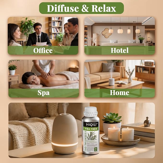 HIQILI Tea Tree Oil 16 Fl Oz, for Skin, Hair, Nail, Diffuser, Soap Making, Includes Two Portable Decanters