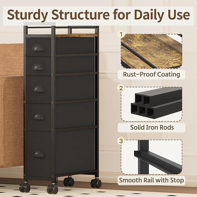 LASZOLA 5 Drawer Narrow Dresser Slim Cabinet Skinny Storage Tower Chest, Ideal for Small Spaces Bathroom, Between Washer and Dryer, Lightweight Mobile on Wheels, Sturdy Fabric Drawers, Black
