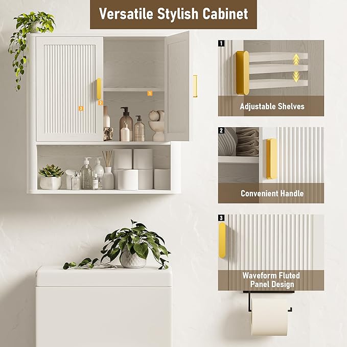 INNOD Bathroom Wall Cabinet, Wall-Mounted Medicine Cabinet with Adjustable Wood Shelf & Doors, Floating Bathroom Cabinet Over Toilet for Laundry Room & Kitchen & Living Room (White)