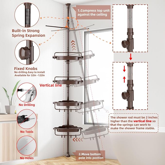 XLHOMO 32-122inch Corner Shower Caddy Tension Pole Brown, Rustproof Drill-Free Shower Shelves for Bathroom Bathtub Washbasin, Adjustable Shower Organizer with 4 Tier Patent Stable Shelves & Towel Bars