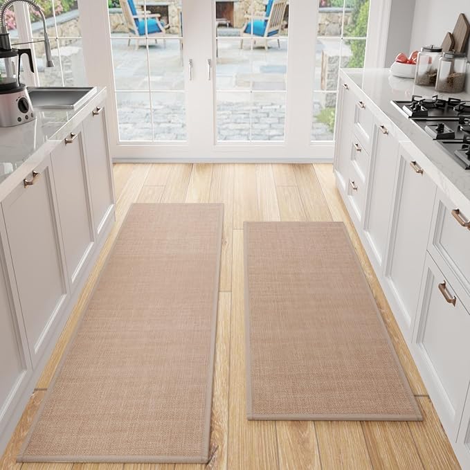 SUMLANS Kitchen Mat Set of 2 PCS, Cushioned Non Slip Rugs for Kitchen Floor, Absorbent Runner Comfort Standing Mats Washable for Kitchen, Office, Home (Camel, 17.3"x47"+17.3"x71")