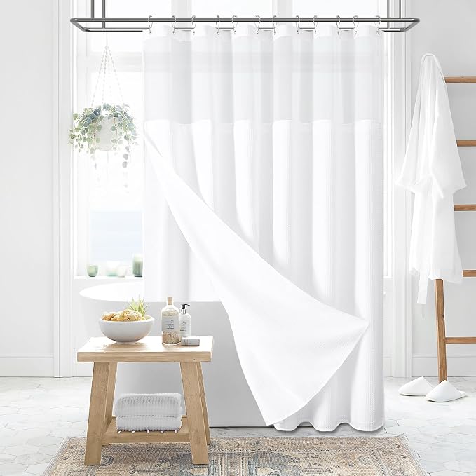 Dynamene 78 Inch Long Shower Curtain, Tall Waffle Fabric Shower Curtains for Bathroom, Hotel Waterproof Cloth Shower Curtain Liner Set with Hooks, Snap in Liner, Mesh Top Window, White, 72x78