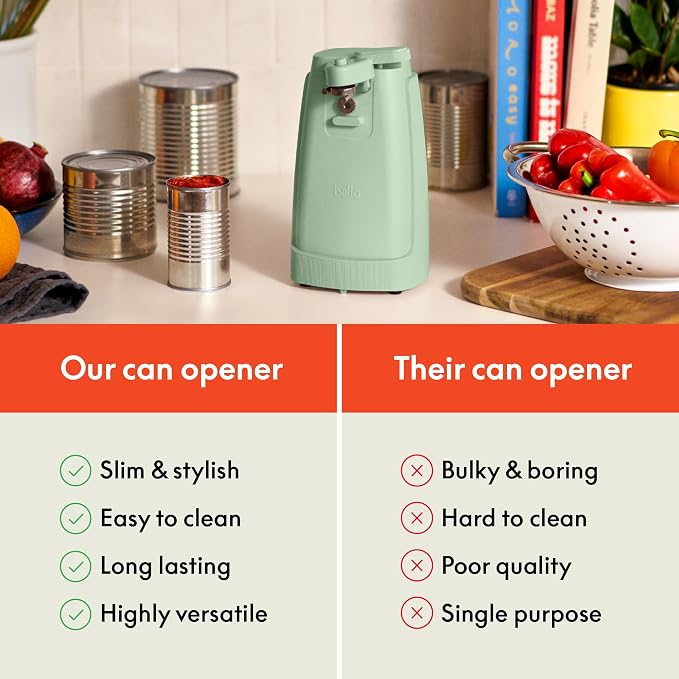 bella Electric Can Opener and Knife Sharpener, Removable Cutting Lever, Cord Storage, Stainless Steel Blade, Seaglass