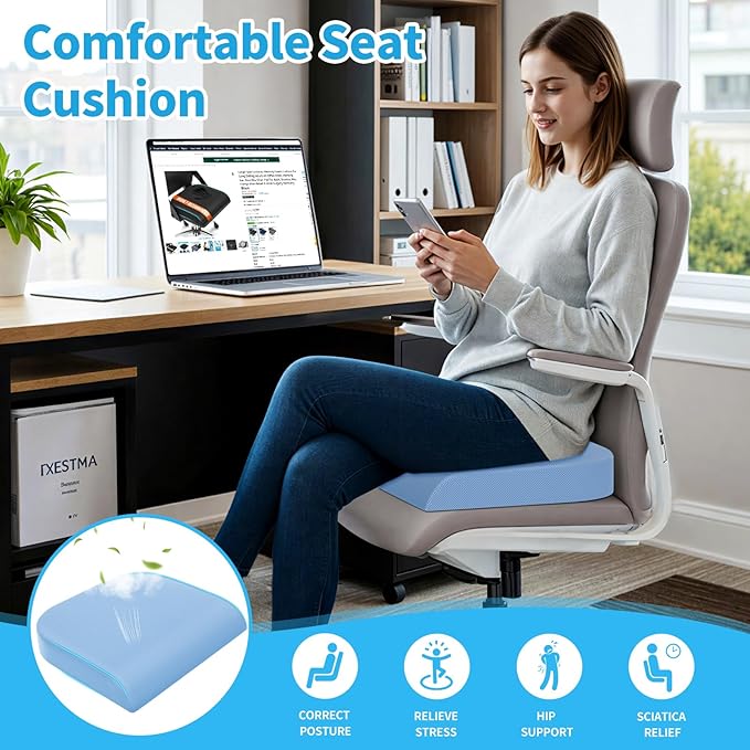 TranquilRelax XLarge Seat Cushion, Memory Foam Cushion for Long Sitting Hours on Office Chair, Home & Car, Non-Slip Chair Pad for Relieving Back & Sciatica & Hip & Coccyx Pain (Light Blue)