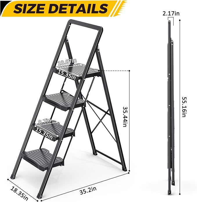 KINGRACK 4 Step Folding Ladder - Steel Step Stool with Handrail, Wide Pedal, 800 lbs Capacity – Foldable Heavy Duty Ladder for Home, Kitchen – Black