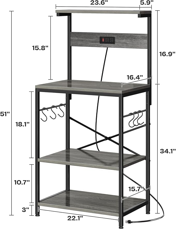 SUPERJARE Kitchen Bakers Rack with Power Outlet, Coffee Bar Table 4 Tiers, Kitchen Microwave Stand with 6 S-Shaped Hooks, Storage Shelf Rack for Spices, Pots and Pans - Charcoal Gray