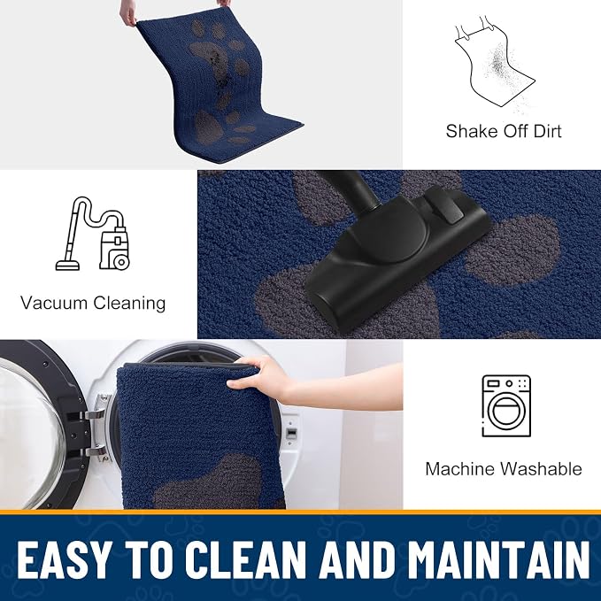 Smiry Dog Door Mat for Muddy Paws, Absorbs Moisture and Dirt, Low-Profile Entryway Mat with Non-Slip Backing, Entry Indoor Outdoor Doormat for Inside Floor (48x30 Inches, Navy Blue, Paw)