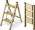 HillhutApex 3 Step Ladder, Lightweight Portable 3 Step Stool with Anti-Slip Wide Pedal,330lbs Capacity Aluminum Ladder for Household,Office,Library(Gold)