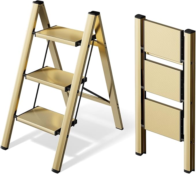 HillhutApex 3 Step Ladder, Lightweight Portable 3 Step Stool with Anti-Slip Wide Pedal,330lbs Capacity Aluminum Ladder for Household,Office,Library(Gold)