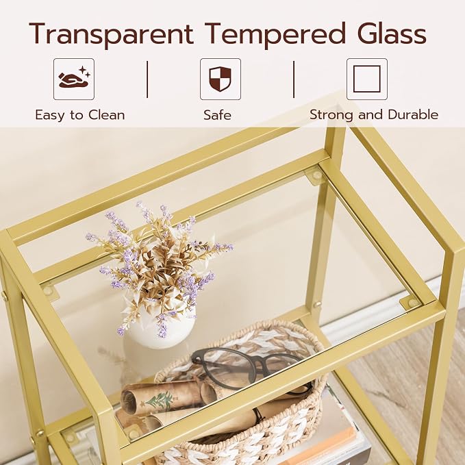HOOBRO Gold Glass Shelf Stand, 3 Tier Standing Shelf Unit, Bathroom Organizer and Storage, Floor Storage Shelves Waterproof, for Bathroom, Laundry, Toilet, Tempered Glass, Gold GD77CJ01