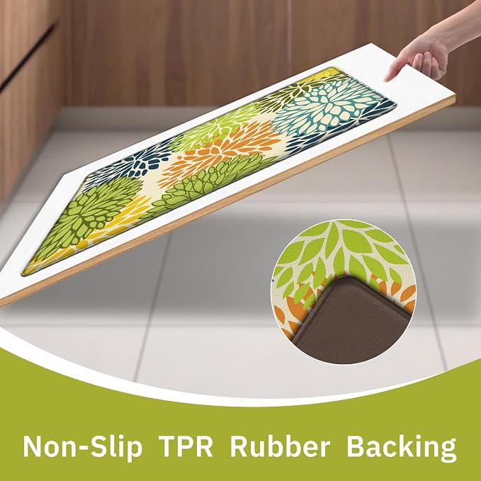 Kitchen Mats Set of 2 Cushioned Anti Fatigue Kitchen Rugs Mats Non Slip Waterproof Kitchen Runner Memory Foam Floor Mat Comfort Standing Mat for Sink,Office,Laundry, Multi Green