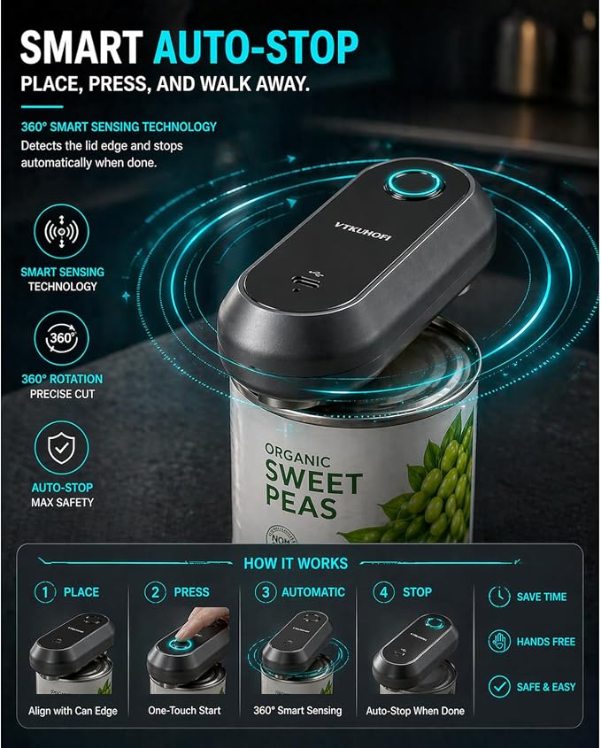 Rechargeable Electric Can Opener, Handsfree Automatic Can Opener Electric, Side Cut Smooth Edge, Magnet Lid Lifter, Stainless Steel Professional-Grade Blade, for Elderly and Arthritic Users