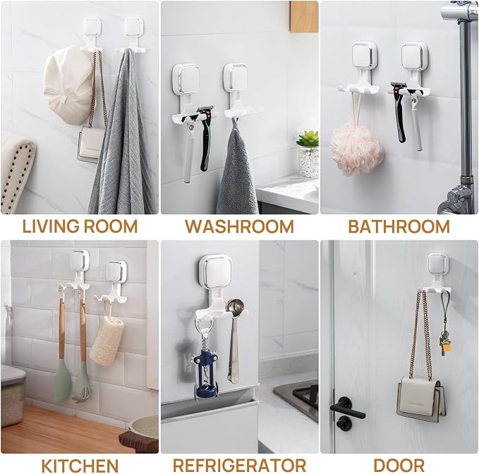 LEVERLOC Vacuum Suction Cup Razor Holder for Shower 2 Pack, Heavy Duty Shower Hooks for Towel, Loofah, Razor, Cell Phone, Damage-Free Hanging Plated Suction Cup Hooks, Easy to Install and Reuse, White