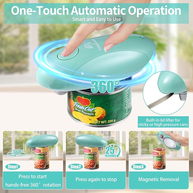 Can Opener Electric - Upgraded One-Touch Automatic, Smooth Edge, USB-C Rechargeable, Perfect for Seniors (Green)