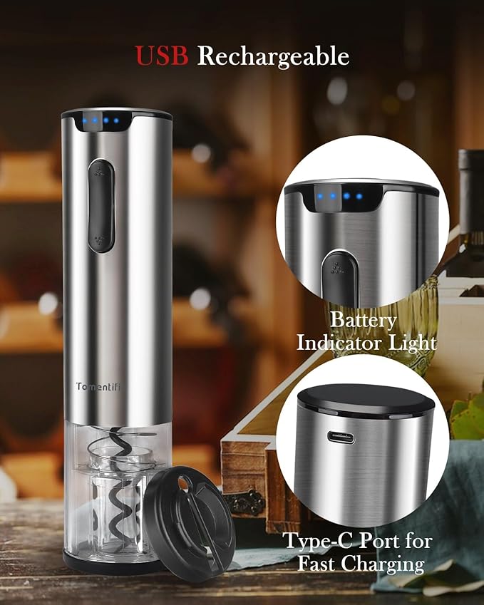 Electric Wine Opener Tomentific, Rechargeable Automatic Wine Corkscrew Bottle Opener With Foil Cutter, Type-C Charging Wine Openers With LED Light For Home Party Wedding Gifts (Stainless Steel)