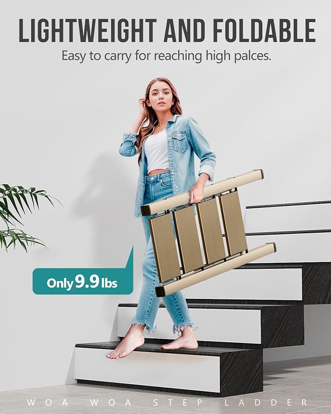 WOA WOA 4 Step Ladder, Foldable Step Stool, Aluminum Lightweight Ladder for Home Kitchen Closet, Anti-Slip Pedals, Ease of Folding, Portable, 300lbs Capacity - Gold