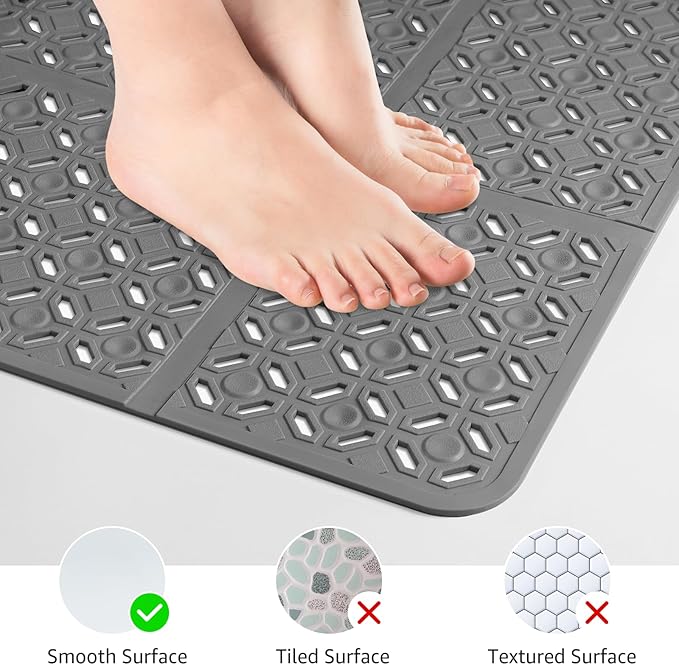 Yolife Square Shower Mat, 27" x 27" Large Shower Mat with Center Drain Hole, Soft TPE Non Slip Shower Mats for Inside Shower with Suction Cups, Anti Slip Washable Shower Floor Mat, Dark Grey