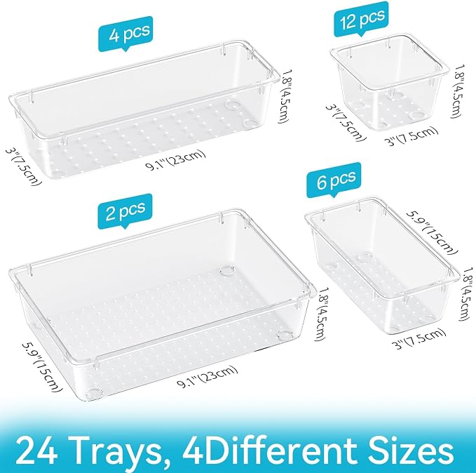 ElegantArray 24 PCS Drawer Organizer Set, 4 Sizes Tool Storage Trays, Clear Plastic Makeup Vanity Organizer and Storage Bins for Makeup, Stationeries, Multiple Gadgets for Bathroom, Office, Bedroom