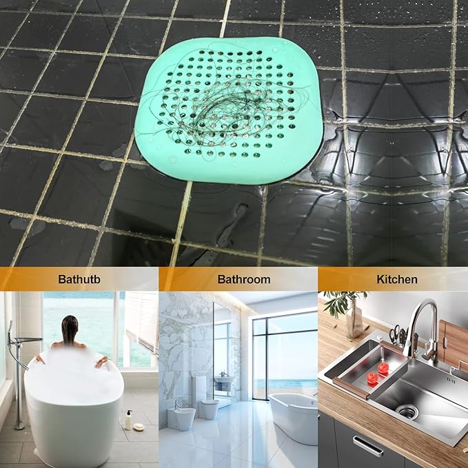 Hair Drain Catcher,Square Drain Cover for Shower Silicone Hair Stopper with Suction Cup,Easy to Install Suit for Bathroom,Bathtub,Kitchen 2 Pack (Green)