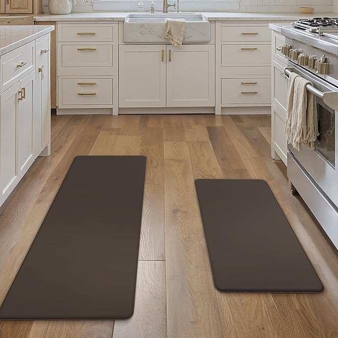 GENIMO Kitchen Mats for Floor 2PCs, Washable Anti Fatigue Mat for Cushioned, 17.3"x47"+17.3"x30", Waterproof Kitchen Rugs, Non Slip Comfort Standing Mat Rug for Home, Sink, Laundry, Chocolate Brown